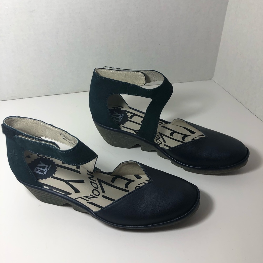 Fly London Pats801Fly Dark Blue/Green Sandal Ankle Strap Wedge Heel Womens EU 40